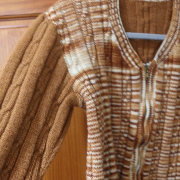 Vintage Handmade 70s Brown Plaid Chunky Knit Zip Cardigan Sweater LG - Picture 8 of 10